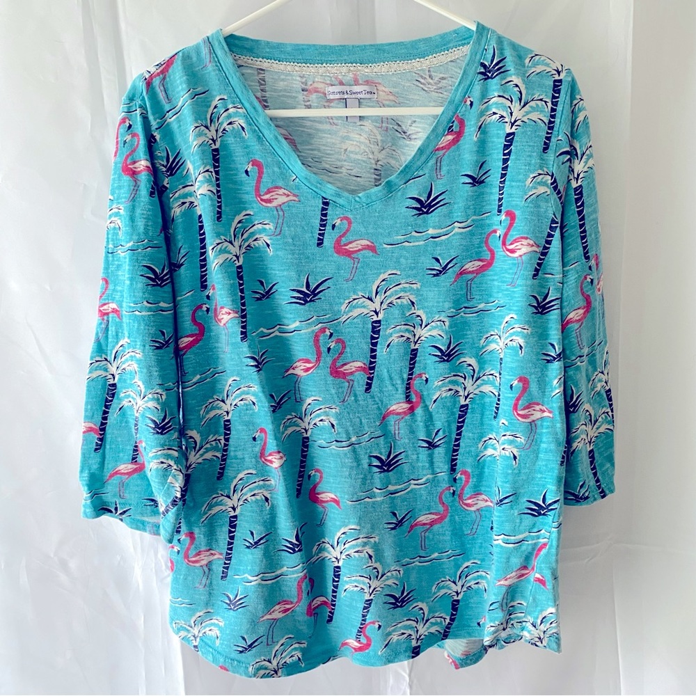 Sunset & Sweet Tea Flamingo palm trees in Turquoise SZ L ADORABLE!!! - Picture 10 of 13
